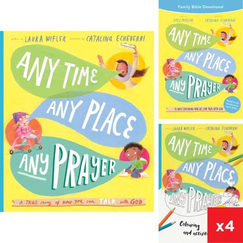 Any Time, Any Place, Any Prayer Storybook, Family Devotional and Four Coloring Books Bundle